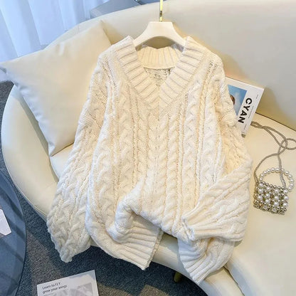 Harajuku Sweater Oversized Pink V Neck Knitted Pullovers Korean Long Sleeve Knitwear Winter Jumpers