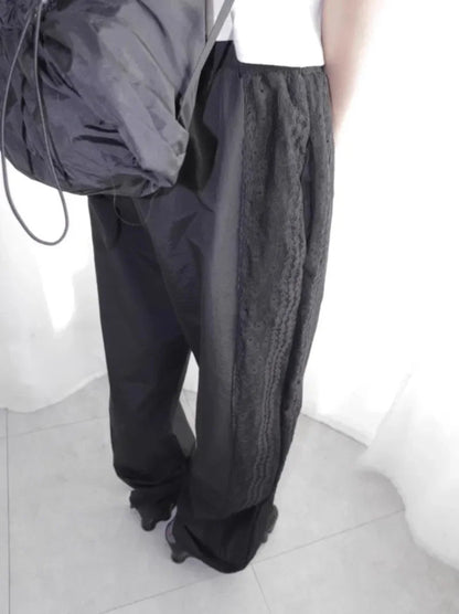 Summer New Loose Y2k Egirl High Waist Straight Trousers Lace Patchwork Nylon Wide Leg Pants 2000s