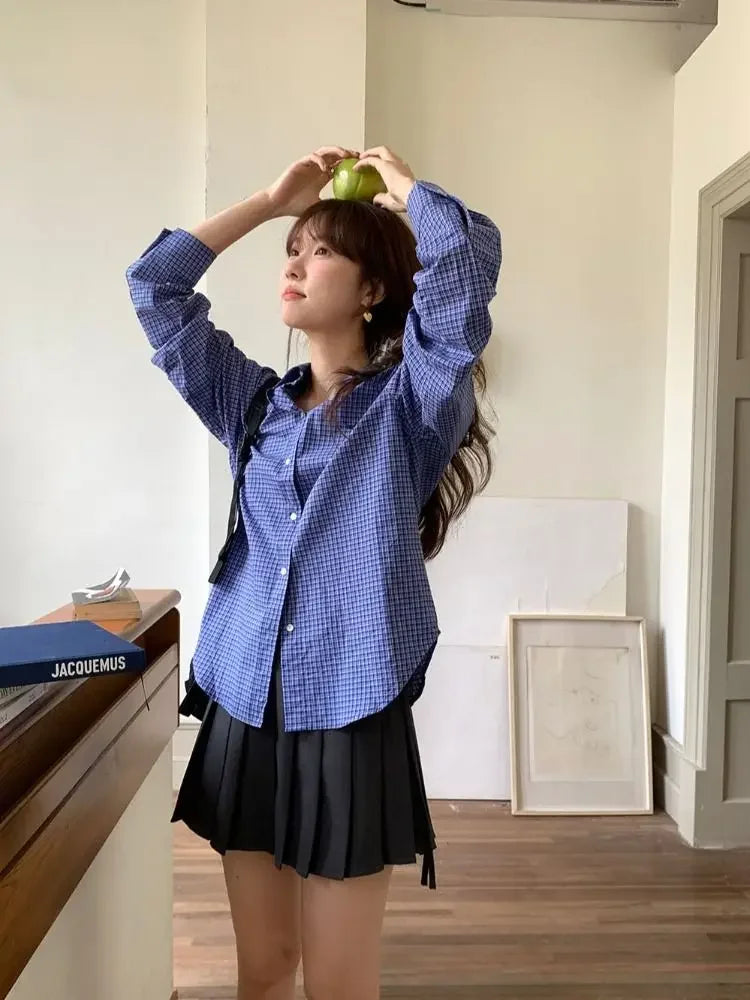 Blue Plaid Shirts for Harajuku Letter Embroidery Checked Blouse Female Oversized Korean Clothes