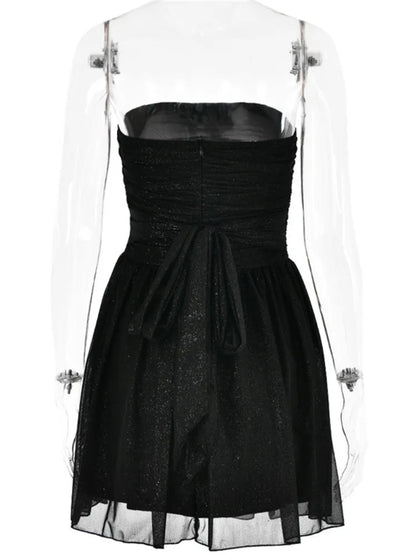 Strapless Mini Dress Black Off-shoulder Backless Pleated Sequins Sparkle Club Party Dress