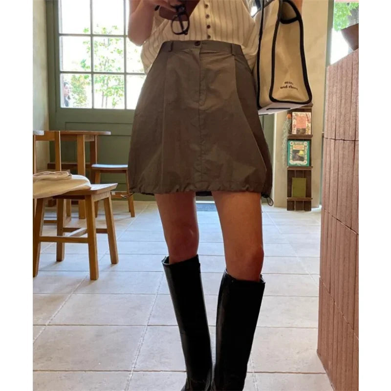 Summer Korean Retro High Street Drawstring Gray Nylon Low Waist Mini Skirt Skirt