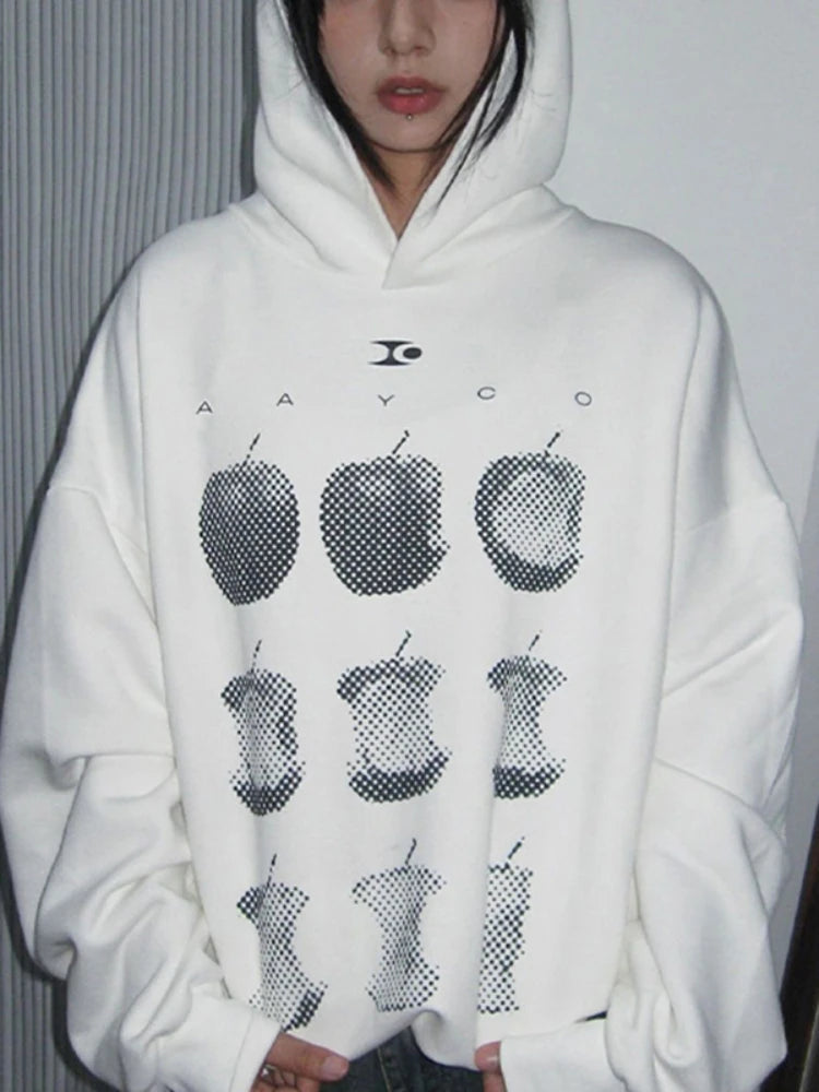 American Retro Fruit Print Hoodies High Street Apple Graphic Top Harajuku Oversized Design Aesthetics