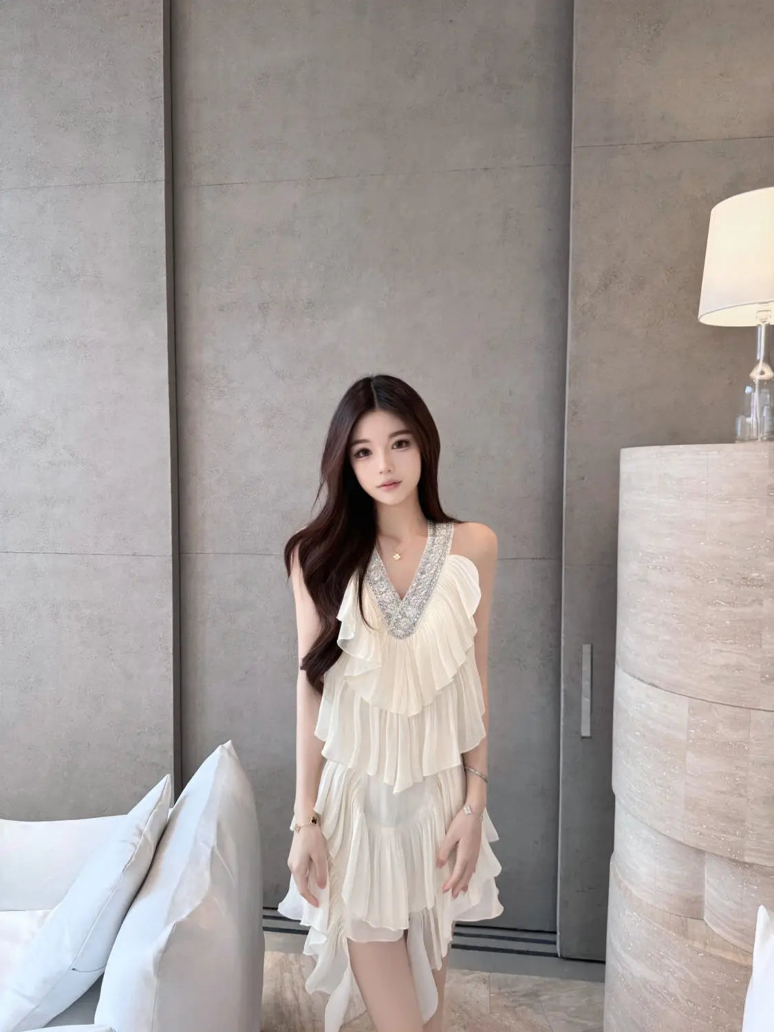 Spicy Girl Vcollar Ruffle Edge Sleeveless Halter Dress for Summer French Beach Style Loose Sweet Aline Midi Dress