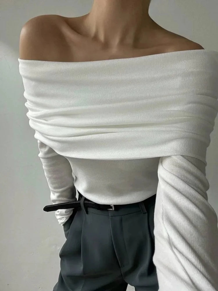 Sweater Knit Pullover Backless Slim Bandeau Cropped Top Off-shoulder Autumn Knitwear Top