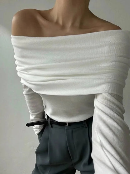 Sweater Knit Pullover Backless Slim Bandeau Cropped Top Off-shoulder Autumn Knitwear Top