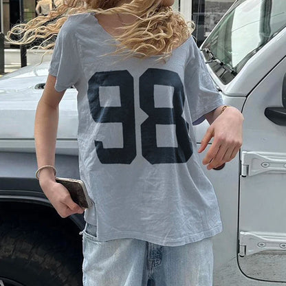 Y2k Digital Print Loose T-shirt Short Sleeve O Neck Basic Tee Summer Top Lady Outfits