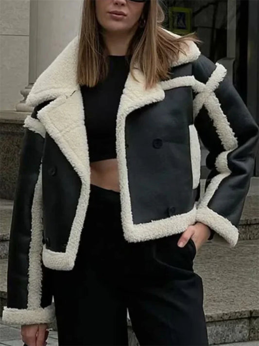 Pu Lapel Fluffy Oversized Sweater Outwear Winter Pocket Patchwork Contrast for Coat New