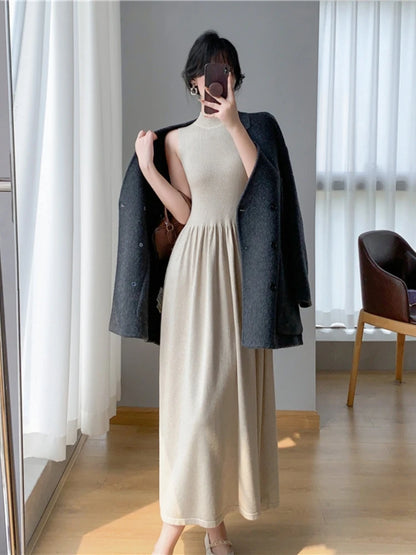 Spring Summer New Sleeveless Knitted Midi Dress Slim Robe