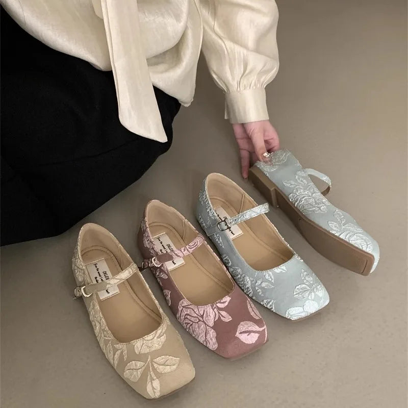 Spring Summer Square Flat Mary Jane Shoes for Pattern Temperament Lightweight Shoes
