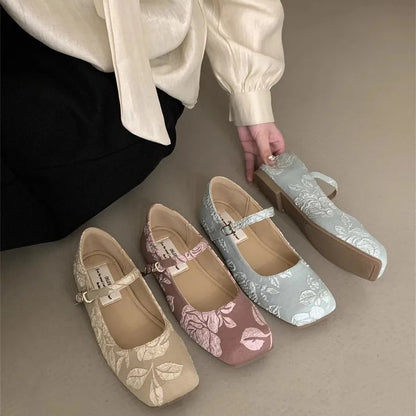 Spring Summer Square Flat Mary Jane Shoes for Pattern Temperament Lightweight Shoes