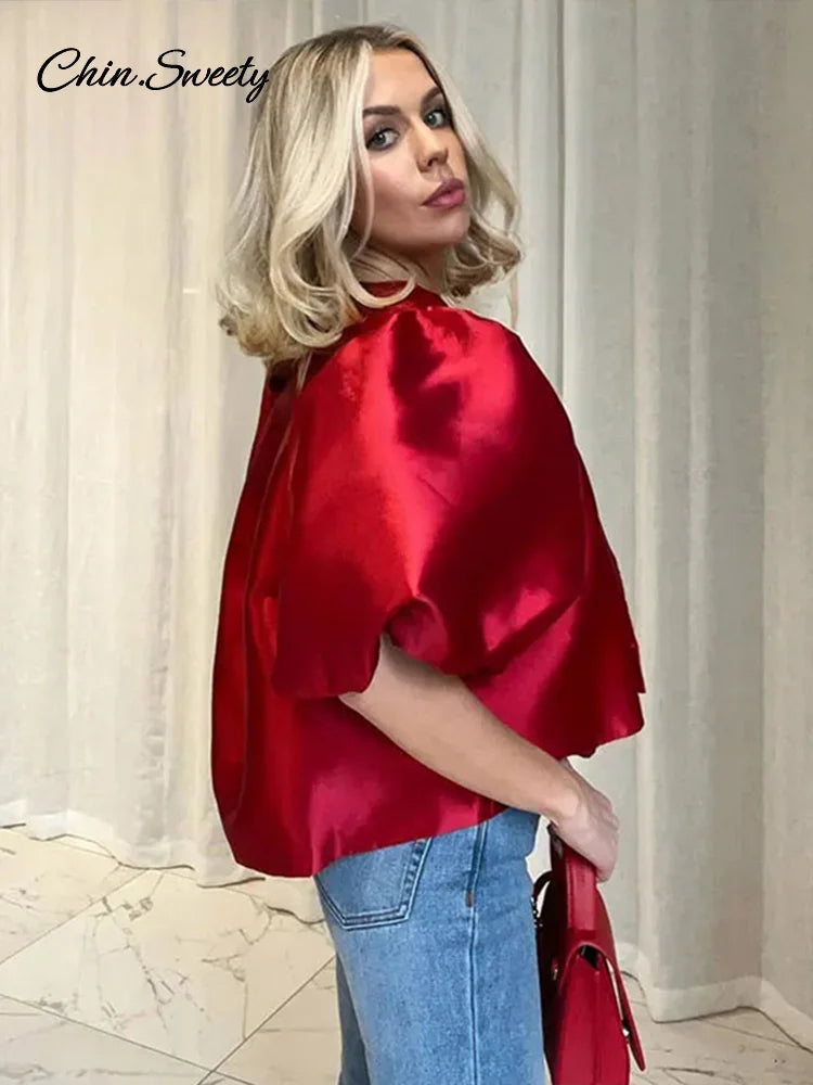 Satin Puff Short Sleeve Top Loose Buckle O-neck Shirts Female Spring Summer Office Lady Outwear