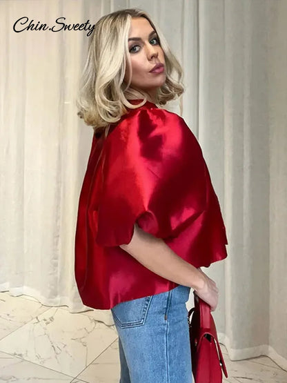 Satin Puff Short Sleeve Top Loose Buckle O-neck Shirts Female Spring Summer Office Lady Outwear