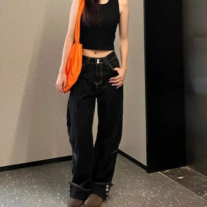 Flap Buttons Loose All Match Jeans Spring New High Waist Denim Wide Leg Pants