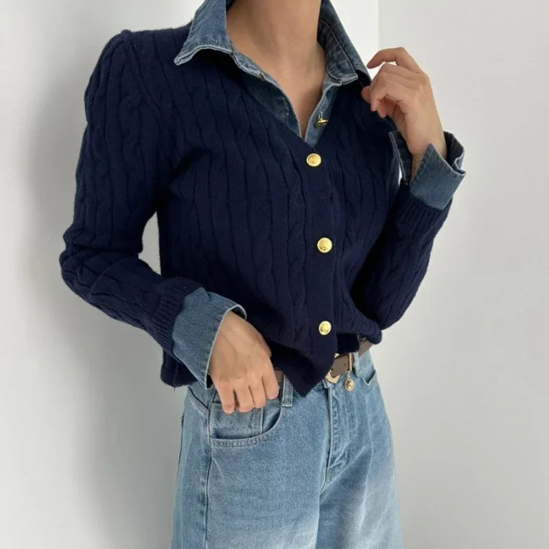 Contrast Color Denim Patchwork Longsleeved Cardigan Autumn New Polo Collar Multi Buttons Knitted Tops