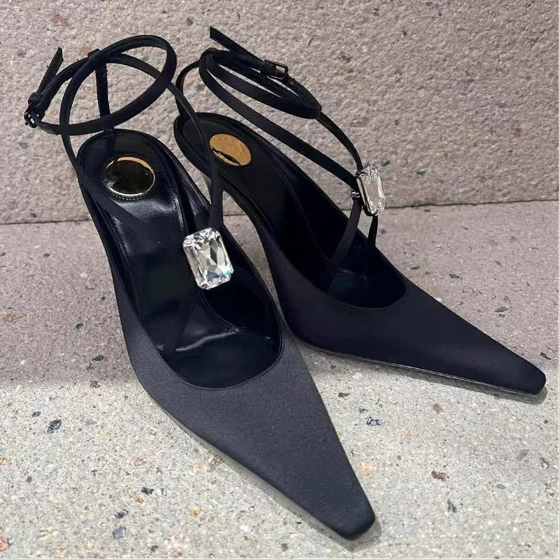 Diamond Silk Thin High Heels Crossstrap Banquet Dress Shoes Female Crystal Brand Pointed Toe Sandals