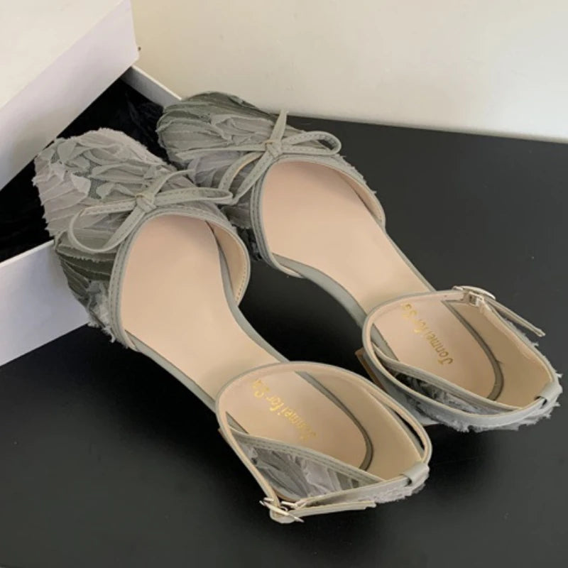 Summer Lace Hollow Mary Jane Shoes Square Toe Ankle Strap Sandals Low Heel Wedding Designer Shoe Female
