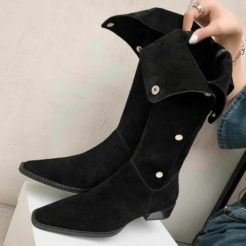 3442 Natural Suede Leather Metal Buckle Slipon Flats Autmn Knee High Boots Fold Boots Shoes