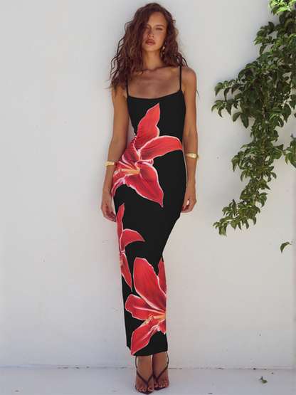 Floreal Print Long Dress for Gown Summer New Spaghetti Strap Sleeveless Backless Bodycon Midi Dress