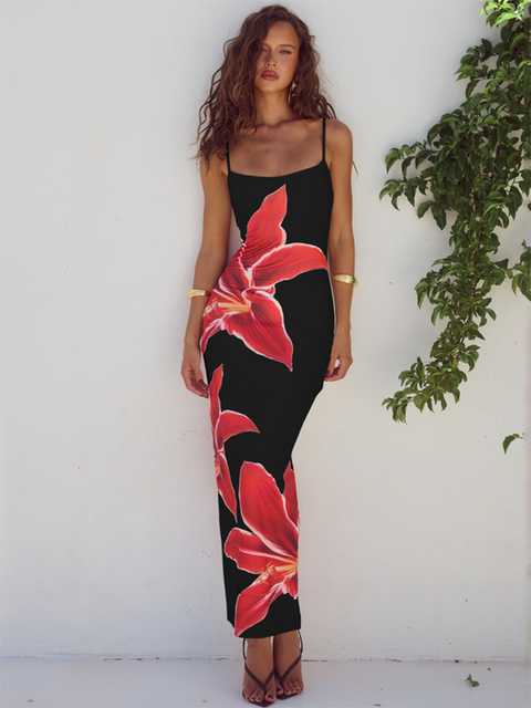 Floreal Print Long Dress for Gown Summer New Spaghetti Strap Sleeveless Backless Bodycon Midi Dress