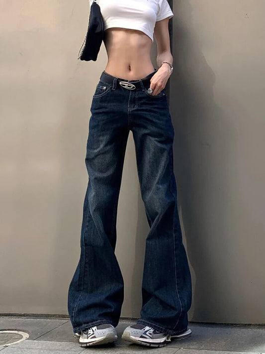 Classical Gyaru Japanese Jeans Harajuku Y2k Low Rise Flare Denim Pants 2000s Bellbottom Trousers Kpop