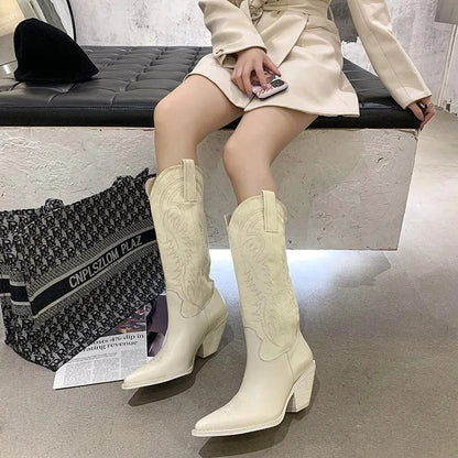 Winter New Western Cowboy Boots Pointed Toe High Heel Shoes Embroidery Chelsea Boots Zapatos Mujer