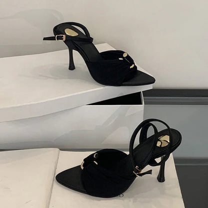 Comfort Hollow Out Metal Buckle Decoration Sandals Satin Ankle Strap Heels Pointed Toe Party Designer Shoes