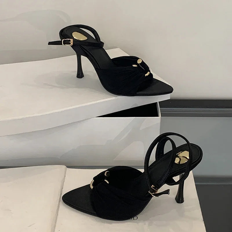 Comfort Hollow Out Metal Buckle Decoration Sandals Satin Ankle Strap Heels Pointed Toe Party Designer Shoes