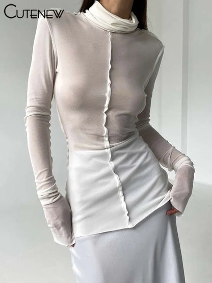 Thin Sheer Autumn T-shirts Classic Ruched Trim High Collar Full Sleeve Basic Tees Female All-matched Tops