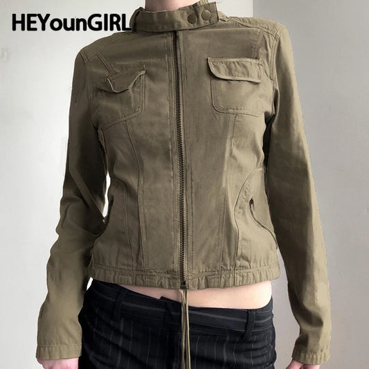 Patchwork Stand Collar Military Jacket Y2k Autumn Pockets Zipper Coat Grunge Style Outfits