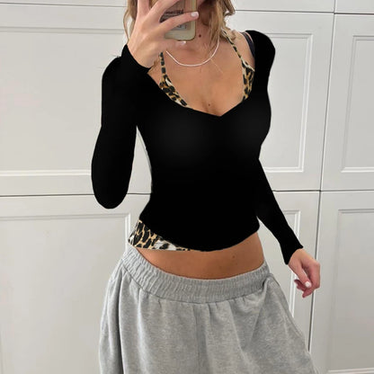Y2k Contrast Leopard Print Crop Top Long Sleeve Halter O-neck T-shirt Korean Fitted Tee Autumn