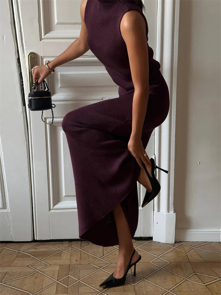 Knitwear 2 Piece-set Long Dress Female Ribbed Sweater Pullover and Loose Patchwork Maxi Skirt Sets Outfits