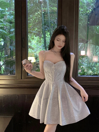 Shiny Dinner Party Dresses Aline Bows Sweet Spring Summer Mini Dress Korean Vestidos Mujer