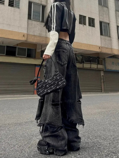 Washed Do Old Ripped Jeans Hip Hop Retro Oversize Spliced Straight Denim Pants Y2k Causal Mujer Bottoms