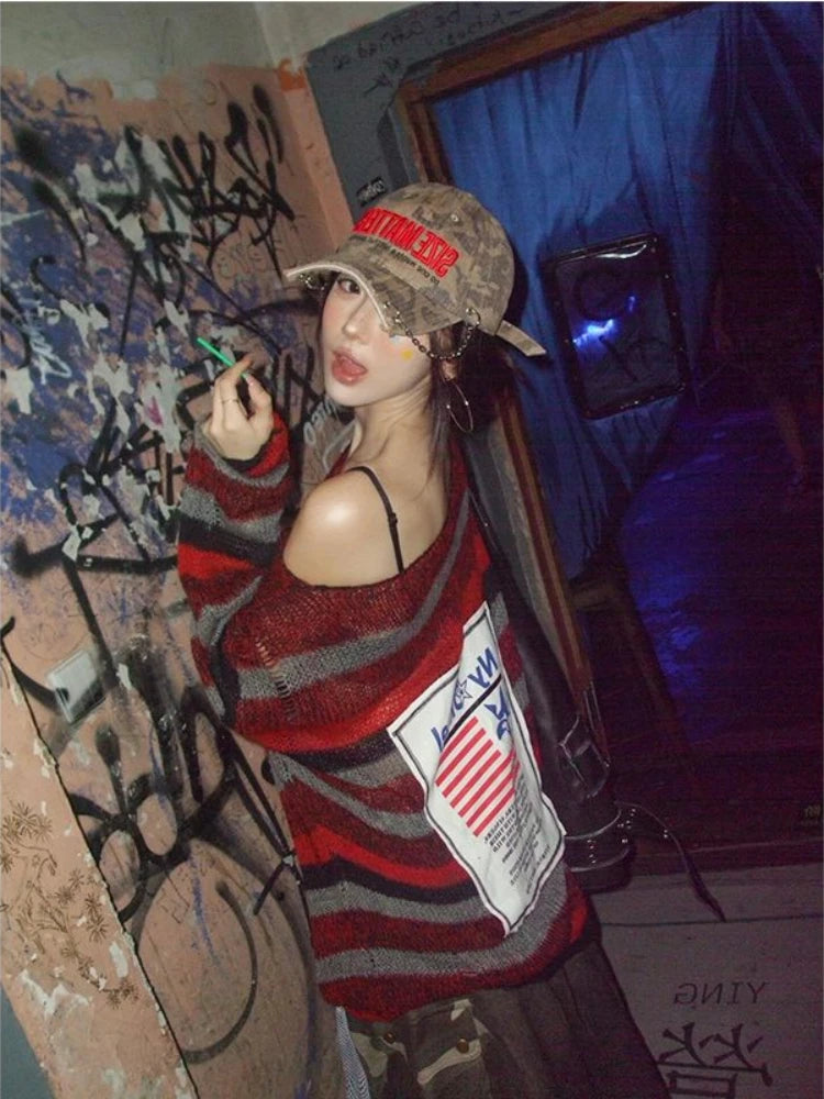 Grunge Y2k Striped Sweaters Hollow Out Ripped Long Sleeve Knitted Pullovers Off Shoulder
