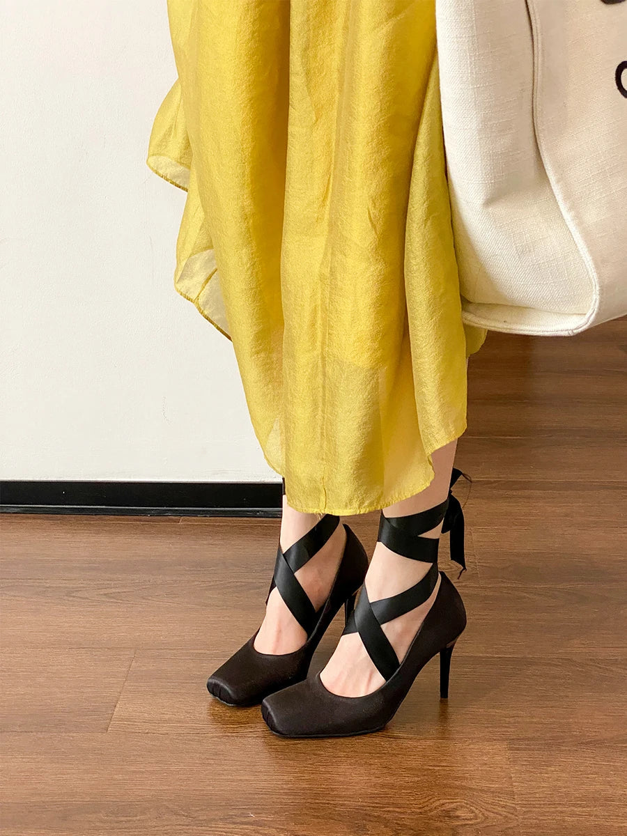 Black Platform Ballet Strap Pumps Ribbon Wrap Stiletto Fairy Mary Janes Shoes French Style Bowknot Square Toe High Heels