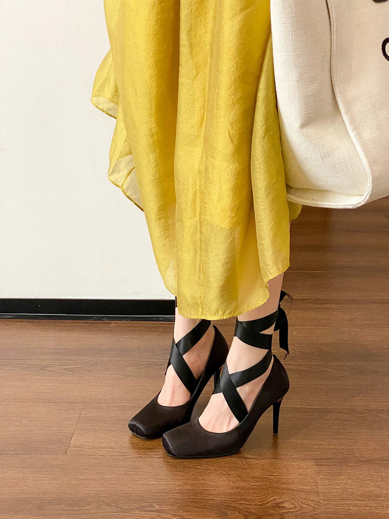 Black Platform Ballet Strap Pumps Ribbon Wrap Stiletto Fairy Mary Janes Shoes French Style Bowknot Square Toe High Heels