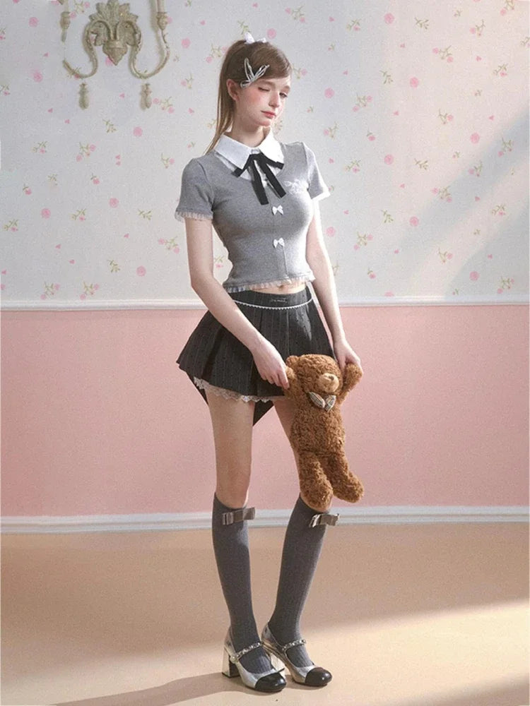 Gray Dot Pleated Skirt Bow Lace Patchwork Summer Mini Skirt Hotsweet Y2k Girl Lolita Style Cutecore Skirt