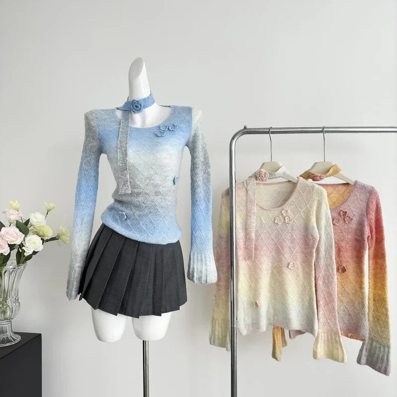 Sweet Hot Girl Gradient Slim Fit Sweater for Spring and Autumn Flower Oneck Knitted Pullover Female Clothes