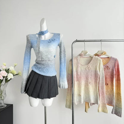 Sweet Hot Girl Gradient Slim Fit Sweater for Spring and Autumn Flower Oneck Knitted Pullover Female Clothes