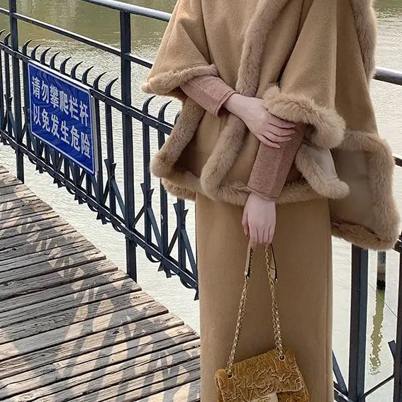 French Retro Style Cape Shawl Wool Coat Top Maxi Skirt Set Winter Socialite Commuting Color Two Piece Sets Outfits