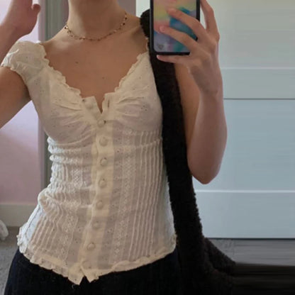 90s French T-shirt Fairy Grunge Kawaii Button Frill V Neck Pullovers Tee Y2k Aesthetic White Crop Top Retro