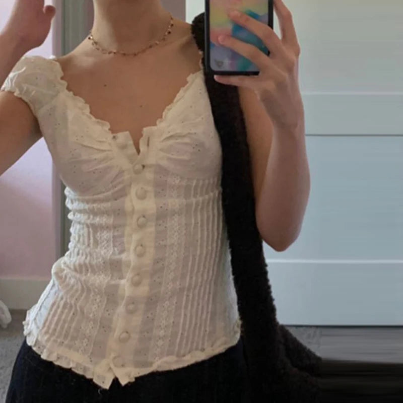 90s French T-shirt Fairy Grunge Kawaii Button Frill V Neck Pullovers Tee Y2k Aesthetic White Crop Top Retro