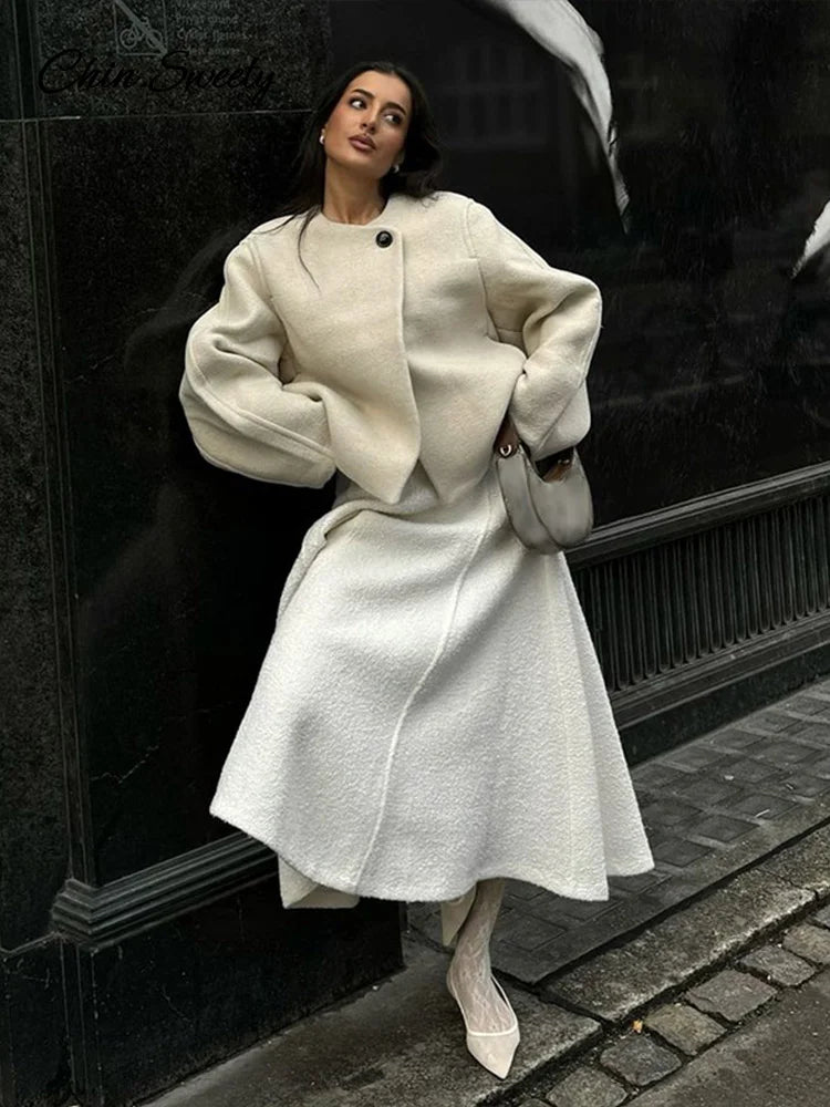 Woolen Blend Jacket for Button O-neck Long Sleeve Coat New Autumn Winter Commute Warm Outwear