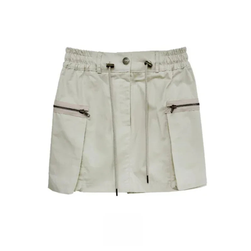 Summer Korean Retro High Street Side Pocket Zipper Drawstring Low Waist Mini Skirt Skirt