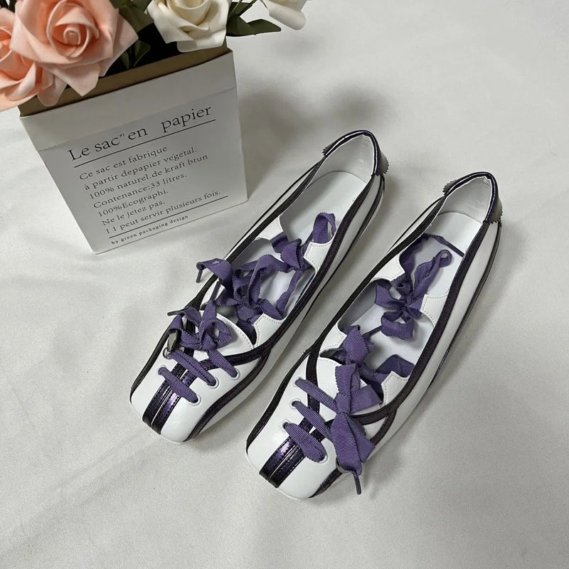 Spring Lolita Square Toe Purple Flat Ballet Shoes New Straps Bow Color Matching Mary Jane Shoes