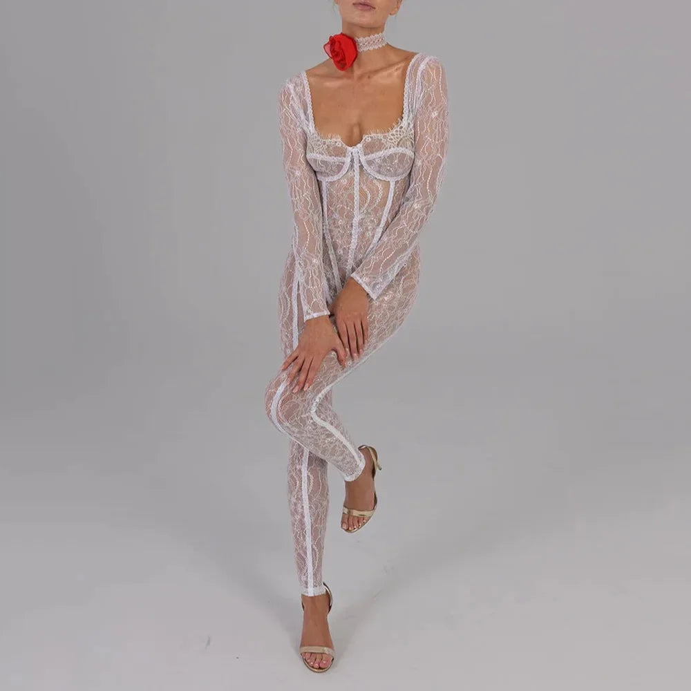 Sheer Lace Hollow Out Jumpsuits Zip Up Backless Outfits Unitards Square Neck Romper Overalls One Piece