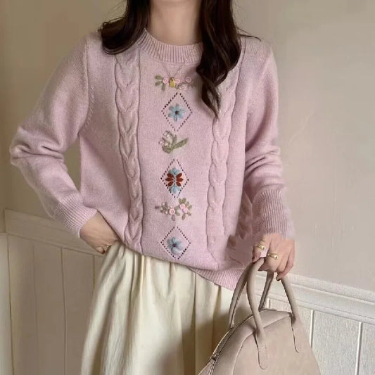 Korean Style Embroidery Sweater Round Neck Knitted Pull Femme Autumn Winter Clothes Warm Pullover