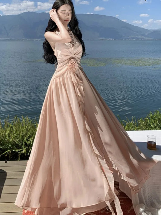 Summer New Ruffles A-line Long Dresses for Halter Backless Holiday Seaside Party Dress Korean One Piece Vestido