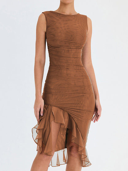 Ruffle Ruched Midi Dress for Robe Summer New Backless Sleeveless Irregular Club Party Dress Vestido