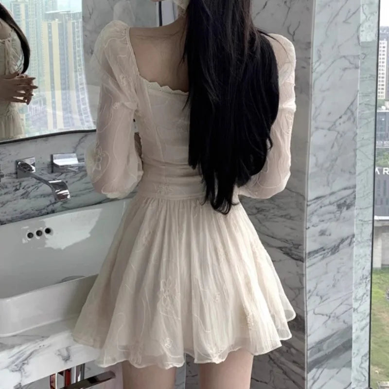 Lace Mini Dresses Spring Autumn V Neck Dress Korean Aline Vestidos Mujer